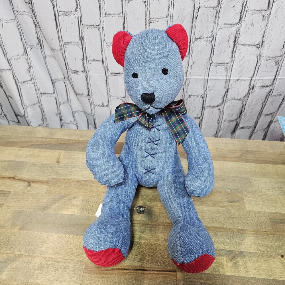 Pier 1 Imports 15" Denim Plush Stuffed Animal Blue Jean Red Corduroy Teddy Bear